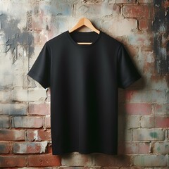 Wall Mural - AI-generated illustration of a black t-shirt hanging on a brick wall