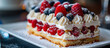 Cake with cream, blueberries and raspberries. Pastry food, sweet and delicious dessert.	
