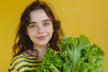 Poster - AI generated illustration of a woman conceals her face with a bunch of fresh lettuce