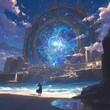 An awe-inspiring time portal emerges from a beach setting, as a lone traveler gazes upon its cosmic beauty. This captivating piece of fantasy artwork transports the viewer into an otherworldly realm.
