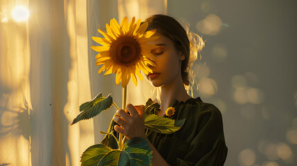 Wall Mural - Young woman hold yellow sunflower stem. Aesthetic sunlight shadows. Floral beauty fashion concept
