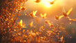 A serene sunrise scene adorned with radiant golden birds