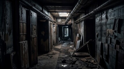 Poster - Abandoned corridor in a dark abandoned building.