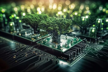 Fototapete - Close up of green tree on microcircuit board.