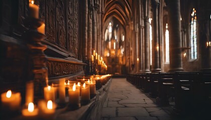 Wall Mural - AI generated illustration of candles arranged on an ancient church floor