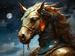 AI generated illustration of a horse in armor in a meadow