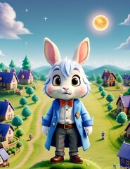 Wall Mural - AI generated illustration of an adorable bunny in a stylish outfit on a hill