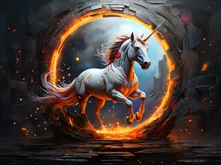 Sticker - AI generated illustration of a horse and rider galloping in front of a blazing tunnel