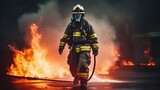 Fototapeta  - firefighter walking away from raging fire with hose and gear