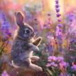 AI generated illustration of a cute rabbit leaping among flowers and grass