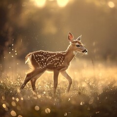 Wall Mural - AI generated illustration of a deer crossing a verdant field with the setting sun in the background