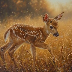 Wall Mural - AI generated illustration of a painting of a fawn sprinting across a meadow