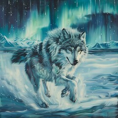 Wall Mural - AI generated illustration of a wolf in snowy forest with waterfall in background