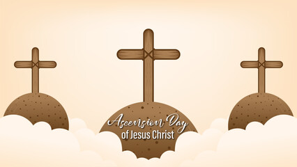 Sticker - design for celebration of the Ascension of Jesus Christ. with ornaments of heavenly clouds, hills, Jesus, cross and light