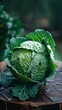 AI generated illustration of a cabbage on a wet stump with raindrops on leaves