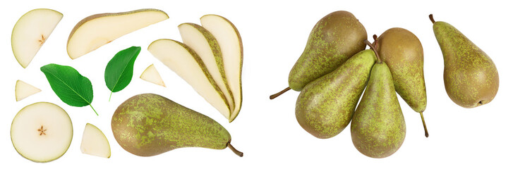 Wall Mural - Green conference pear isolated on white background. Top view. Flat lay