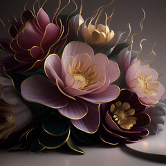 Poster - AI generated illustration of floral display with elegant gold accents