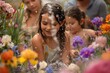 young girls play in flowers as the adults look on from behind them