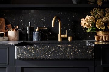 Poster - AI  illustration of A kitchen sink in a luxurious house made of black terrazzo with gold specks