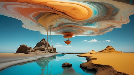 Sticker - Surreal landscape with melted colorful formations hovering above a desert and its reflection