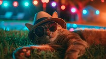 AI Generated Illustration Of An Orange Tabby Cat With Glasses And A Hat Lounging In The Grass