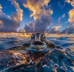 Wall Mural - AI generated illustration of a sea turtle gliding through the ocean beneath a cloudy sky