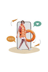 Poster - Collage 3d pinup pop retro sketch image of happy smiling girl rescuer carrying swimming circle go pool ocean isolated painting background