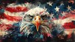 A close-up image of a majestic bald eagle with its wings dramatically spread, superimposed on a stylized American flag.