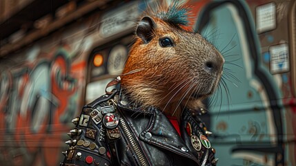 Wall Mural - Capybara with a punk look in a leather jacket and vibrant hair on a subway train, graffiti