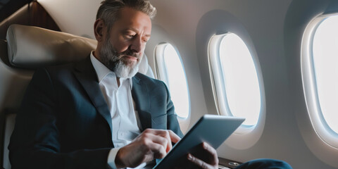 Handsome middle aged businessman in suit using tablet in plane during business trip