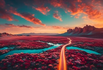 Poster - AI generated illustration of a scenic road through green valley at sunset