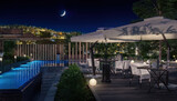 Fototapeta  - Architectural Visualization of an Exterior Restaurant with a Swimming Pool Deck and Breathtaking City Panorama under the Moon - 3D Visualization