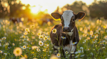 Wall Mural - Peace and nature: sweet little cow in a blooming flower meadow