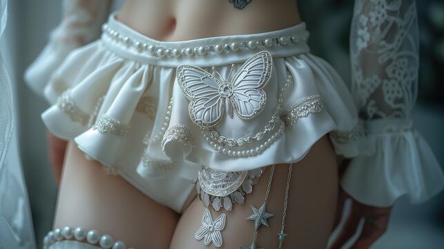 close up sexy girl body and buttock wearing a white fairy tutu dress in dreamlike atmosphere, fantasy dreamlike fairytale atmosphere, Generative Ai