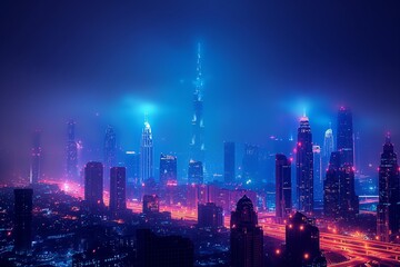 Canvas Print - an image of the dubai skyline in the fog at night