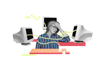 Sticker - Composite collage portrait of black white effect sad aged lady hand touch forehead connection retro pc monitor isolated on drawing background