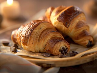 Poster - two croissants sitting on top of a wooden plate