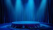Blue stage with spotlights, curtains, and round table, AI-generated.