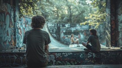 AI generated illustration of two boys observe a skater performing tricks at the park