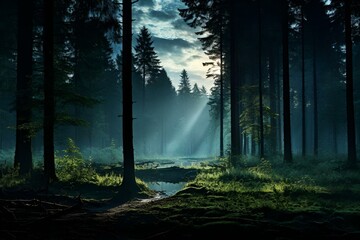 Poster - AI generated illustration of a sunlight filtering through a dark forest with trees