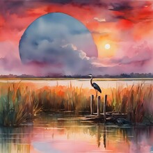 AI Generated Illustration Of A Watercolor Painting Of A Majestic Heron