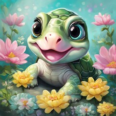 Canvas Print - AI generated illustration of a cheerful turtle surrounded by flowers and daisies