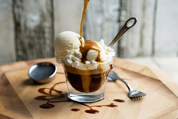 Coffee affogato with vanilla ice cream and espresso