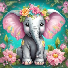 Poster - AI generated illustration of an elephant with floral crown beside flower frame