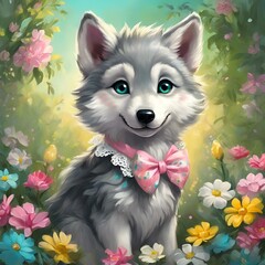 Wall Mural - AI generated illustration of a baby grey wolf adorned with a stylish bow tie