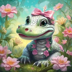 Wall Mural - AI generated illustration of a baby American crocodile in floral pattern staring at the camera