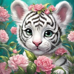 Sticker - AI generated illustration of a tiger painted in a vibrant field of flowers