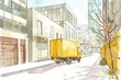 A watercolor drawing of a yellow truck traveling along a bustling city street, surrounded by buildings and pedestrians