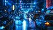 a rainy street with cars, buildings and lights lit up
