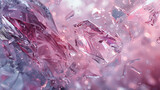 Morceaux de verre brisé ou de cristal, gros plan dans les tons roses et violet, effet de transparence et de reflet de lumière sur une surface minérale : quartz ou améthyste